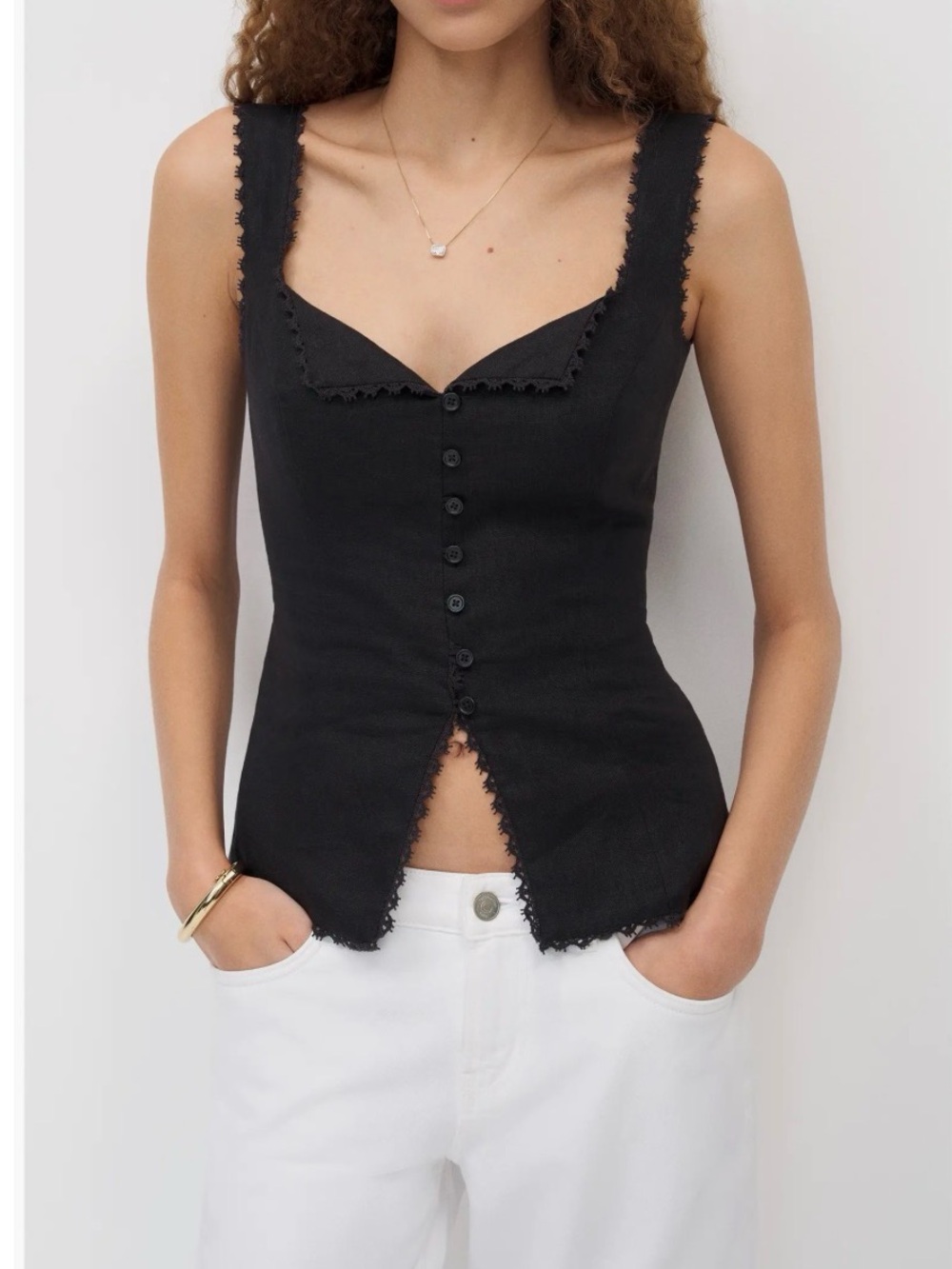 Reformation Black Viola Linen Tank Lace-Trim Button Front 0